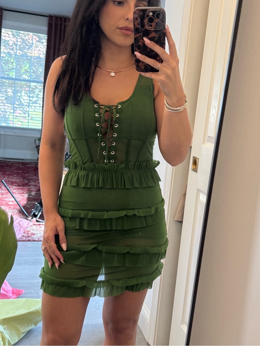 OW Collection Sample Green Lace-Up Tiered Mini Dress